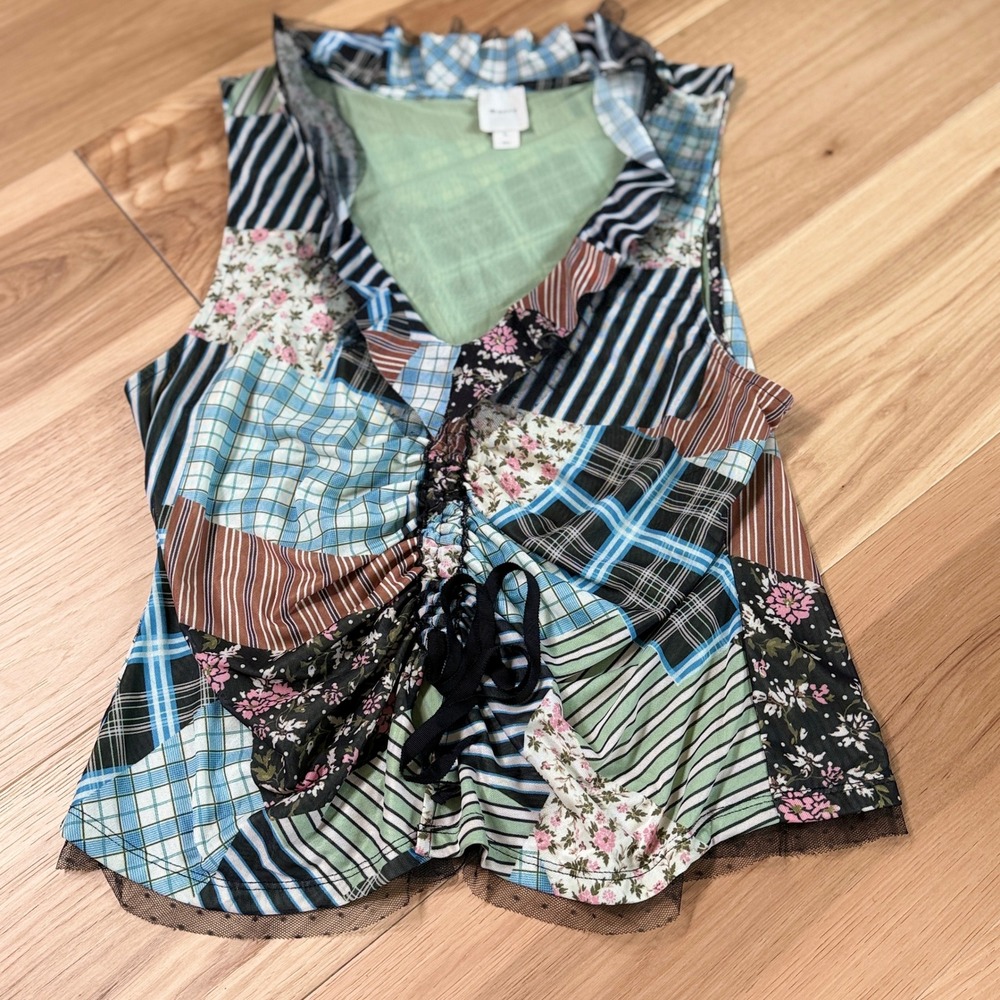 Maeve Patchwork Mesh Top Womens XL Multicolor Floral Plaid Cinched V-Neck Ruffle